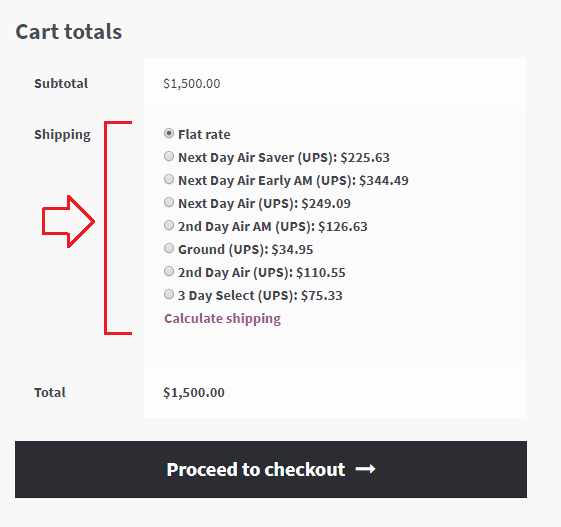 UPS Shipping Methods on Cart page