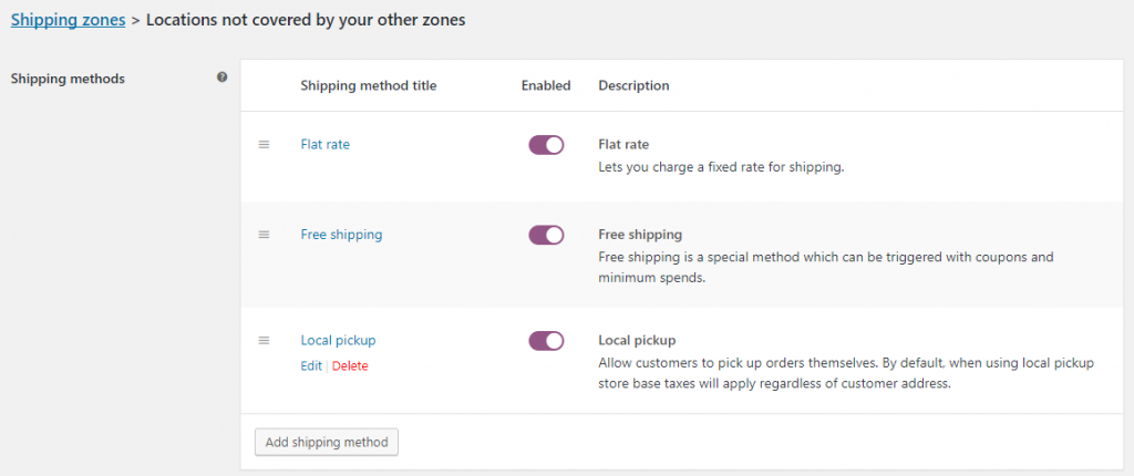Shipping methods under WooCommerce Shipping Zones