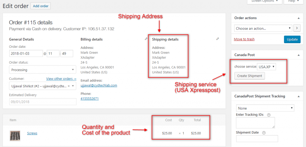 WooCommerce Orders Page with shipping details