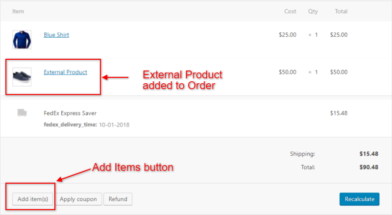 External Product added to the Order[/caption]

But the main issue arises while generating packages. Since there are now two products in the order, the package must be created for the same. But the external product's shipping and packaging are carried out by the website where it is sold. So in that case, WooCommerce FedEx Shipping plugin skips the external product and calculates the shipping for the simple products. The packages generated by the plugin will include all the other products except the external product.

[caption id=