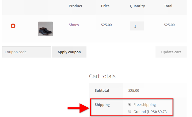 Cart Page showing UPS Ground and Free Shipping