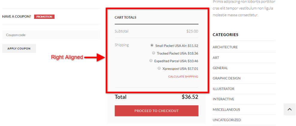 Cart Page showing Right-Aligned Shipping rates