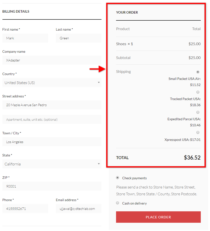 Checkout Page showing Right-Aligned Shipping rates
