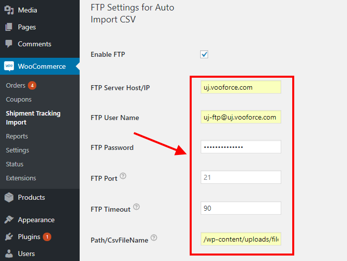 FTP Details and the path of the CSV File