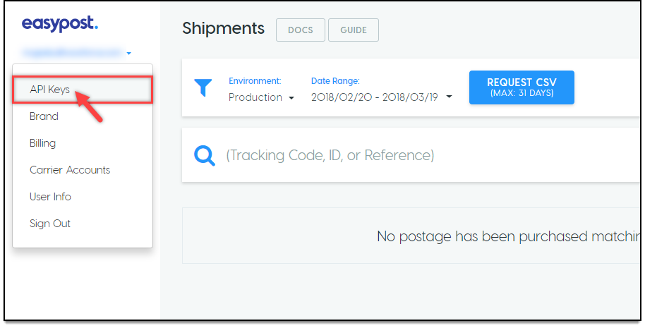 WooCommerce EasyPost Shipping | Selecting API Keys option