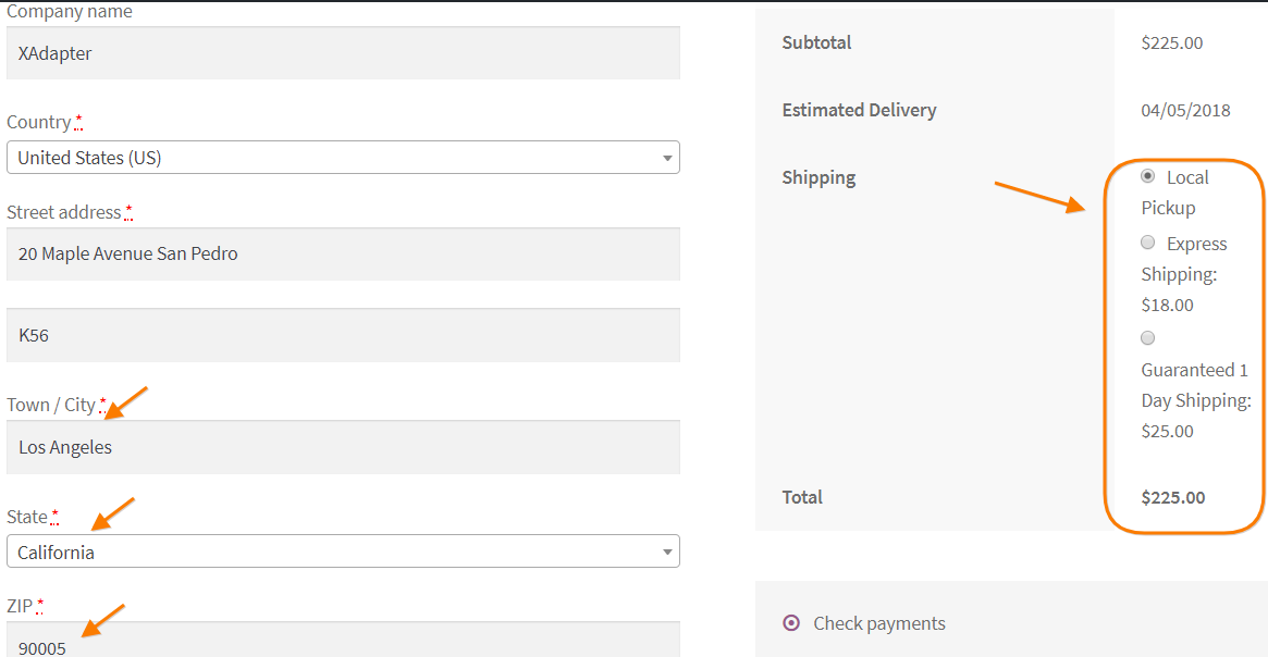Shipping Options on Checkout page